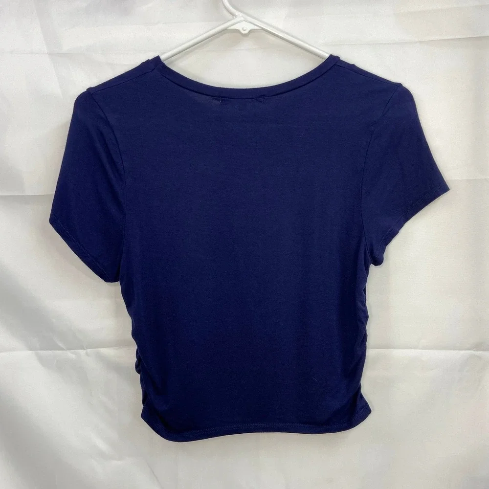 Antistar junior's women's dark blue‎ ruched short sleeve stretch cropped shirt L